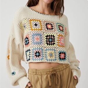 Free People Colorful Crochet Patch Sweater